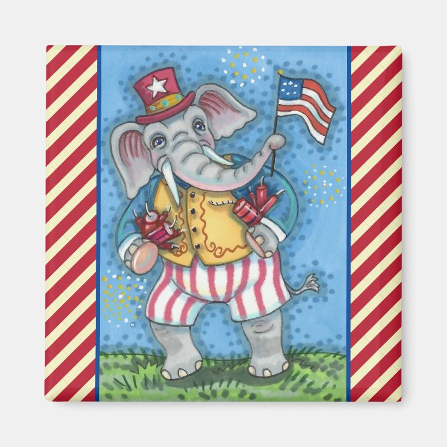 CUTE PATRIOTIC ELEPHANT WAVING AMERICAN FLAGGA MAGNET (Framsidan)