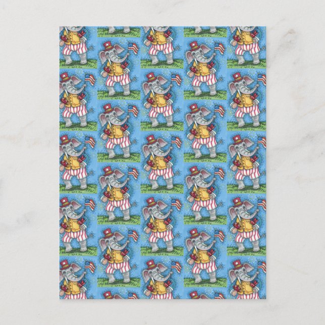 CUTE PATRIOTIC ELEPHANT WAVING AMERICAN FLAGGA VYKORT (Framsida)