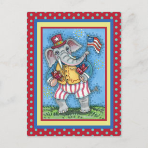 CUTE PATRIOTIC ELEPHANT WAVING AMERICAN FLAGGA VYKORT
