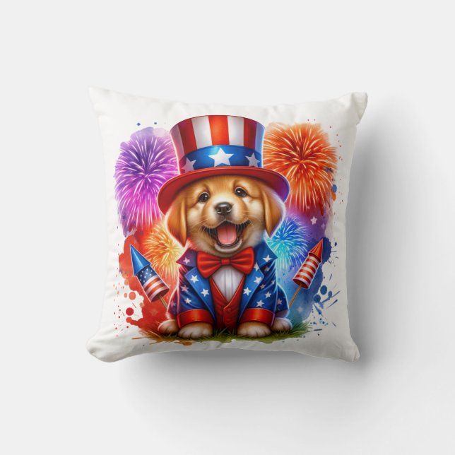 Cute Patriotic farbror Sam Puppy Fireworks Kudde (Framsida)