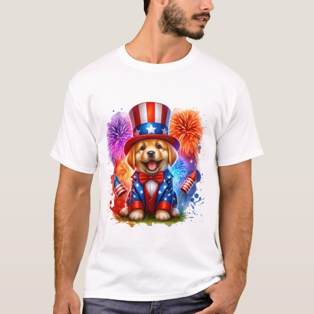 Cute Patriotic farbror Sam Puppy Fireworks T Shirt (Framsida)
