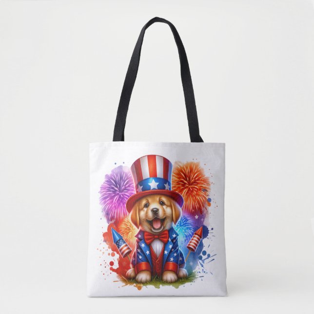 Cute Patriotic farbror Sam Puppy Fireworks Tygkasse (Framsida)