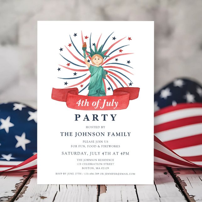 Cute Patriotic Frihetsgudinnan 4:e juli Inbjudningar (Cute Patriotic Statue Of Liberty 4th Of July Invitation)
