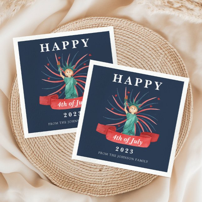 Cute Patriotic Red White och Blue 4 juli Pappersservett (Cute Statue Of Liberty Blue Happy 4th Of July Napkins)