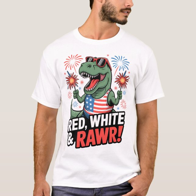 Cute Patriotic T-Rex 4:e juli Red White & Blue T Shirt (Framsida)