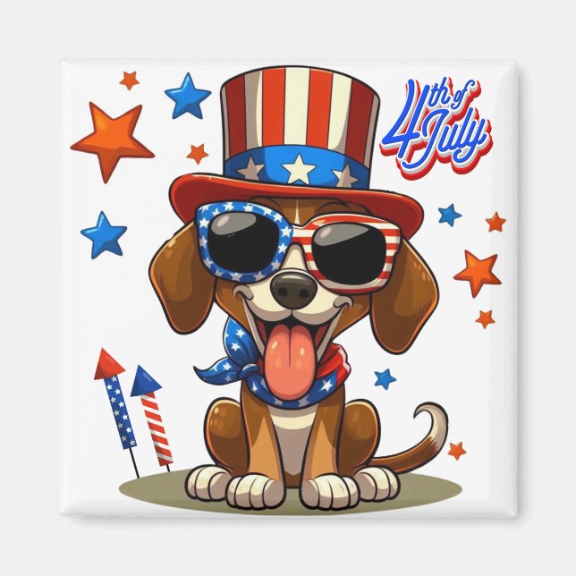 Cute, patriotisk 4:e juli hund/valp magnet (Framsidan)