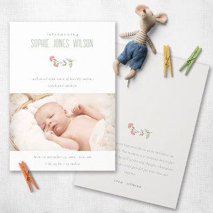 Cute Peach Blommigt Photo Girl Birth Notice Tack Kort