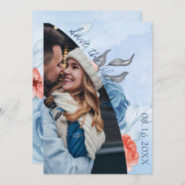 Cute Peach Blue Blommigt Photo Bröllop spara datum Meddelande
