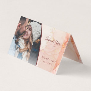 Cute Peach Guld Marble Photo Bröllop Tack Kort