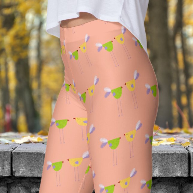 Cute Peach Two Little Birds Mönster Leggings (Two Little Birds on Peach)