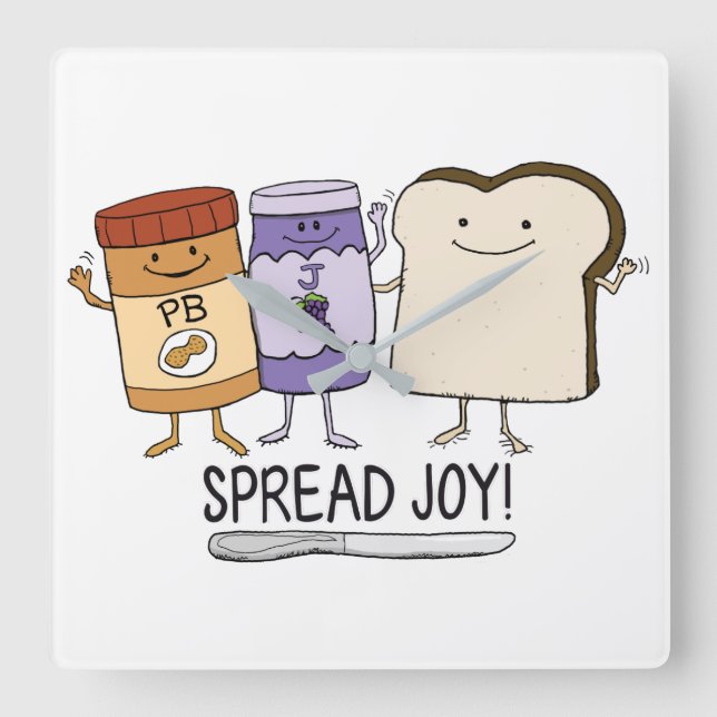 Cute Peanut Butter & Jelly & Bread Spread Joy Fyrkantig Klocka (Framsida)