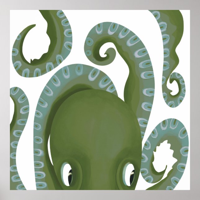 Cute Peek-A-Boo Grönt Octopus Poster (Framsidan)