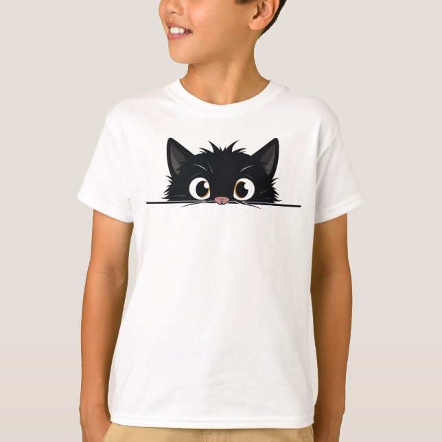 Cute Peeking Black Cat T Shirt (Framsida)