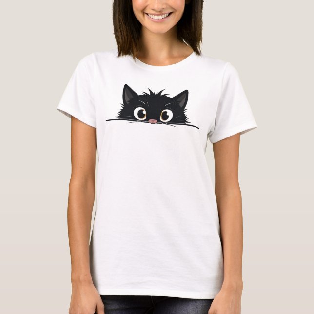 Cute Peeking Black Cat T Shirt (Framsida)
