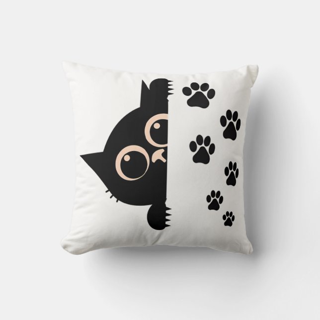 Cute Peeking Cat Pillow with Paw Prints Kudde (Framsida)