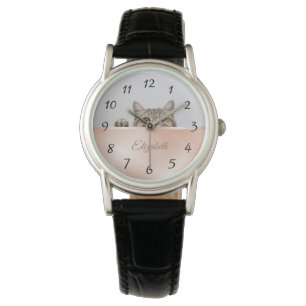 Cute Peeking Cat Ro guldfärgad eldmonogram Armbandsur