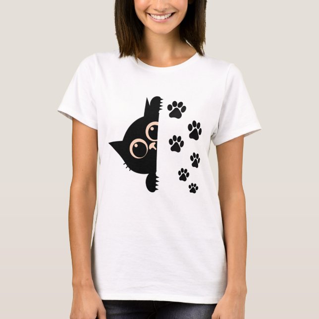 Cute Peeking Cat T-Shirt with Paw Prints (Framsida)