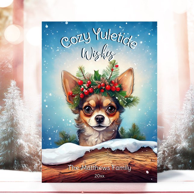 Cute Peeking Chihuahua Mysiga Önskemål Gräs-andekr Julkort (Adorable Winter Snowy Scene With Peeking Dogs or Farm/Woodland Animals - Over 50 to Choose From!)