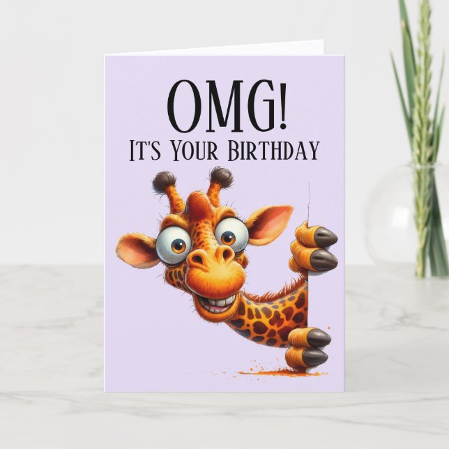 Cute Peeking Giraffe Lavender Birthday Card Helgkort (Framsida)