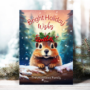 Cute Peeking Gopher Snowy Enchanted Forest Julkort