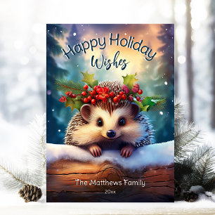 Cute Peeking Hedgehog Snowy Winter Woodland Forest Julkort