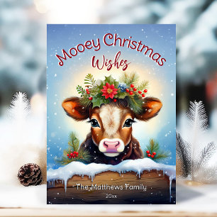 Cute Peeking Jersey Cow Mooey jul Snowy Julkort