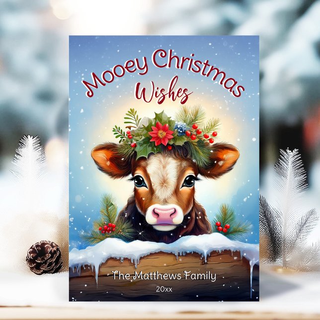 Cute Peeking Jersey Cow Mooey jul Snowy Julkort (Adorable Winter Snowy Scene With Peeking Dogs or Farm/Woodland Animals - Over 50 to Choose From!)
