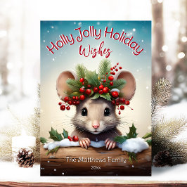 Cute Peeking Mouse Holly & Berry Jolly jul Julkort