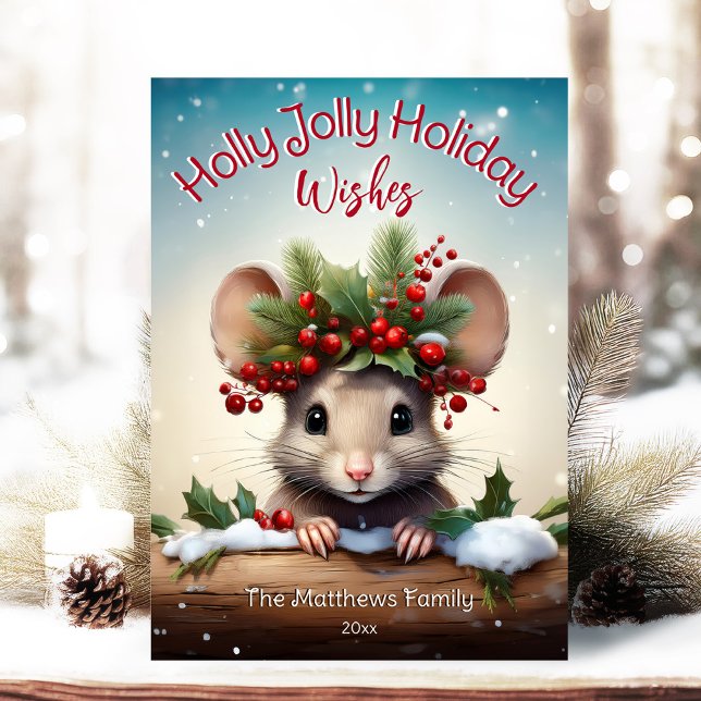 Cute Peeking Mouse Holly & Berry Jolly jul Julkort (Adorable Winter Snowy Scene With Peeking Dogs or Farm/Woodland Animals - Over 50 to Choose From!)