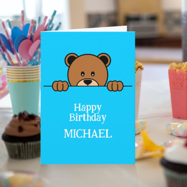 Cute Peeping Bear | Enkel Tecknad på blå Kort (Skapare uppladdad)