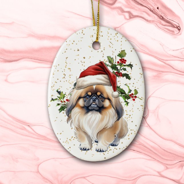 Cute Pekingese Hund jul Holly Julgransprydnad Keramik (Skapare uppladdad)