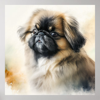 Cute Pekingese puppy Watercolor Painting Poster