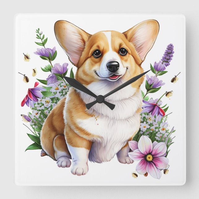 CUTE PEMBROKE WELSH CORGI MED FLÖDEN FYRKANTIG KLOCKA (Framsida)