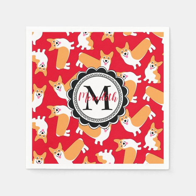 Cute Pembroke Welsh Corgi Monogram Red Pappersservett (Framsidan)