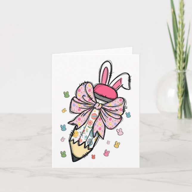 Cute Pencil Coquette Bow Bunny Påsk Day Lärare Kort (Framsida)