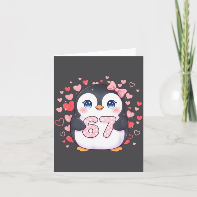 Cute Penguin 67 Six Seven Valentine Hearts 6 7 Mem Kort (Framsida)