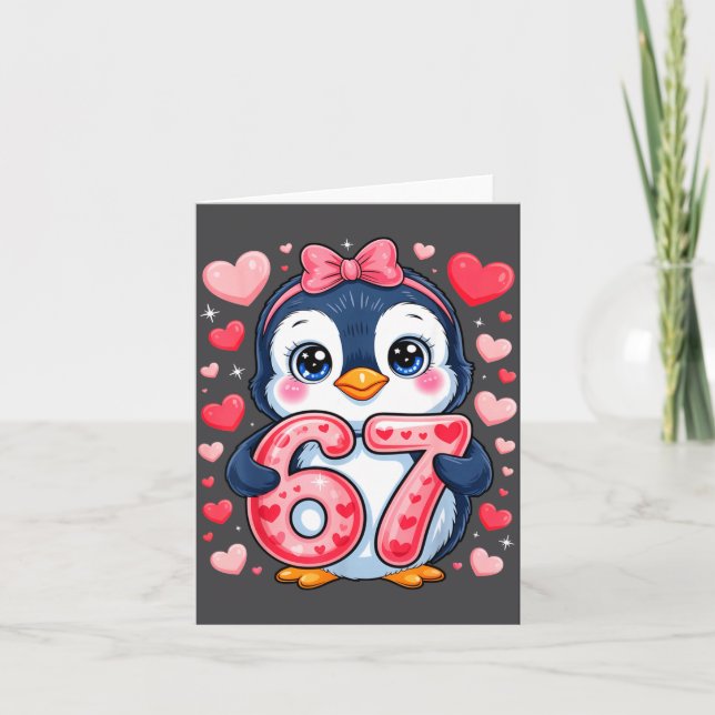 Cute Penguin 67 Six Seven Valentine Hearts 6 7 Mem Kort (Framsida)