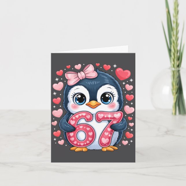 Cute Penguin 67 Six Seven Valentine Hearts 6 7 Mem Kort (Framsida)