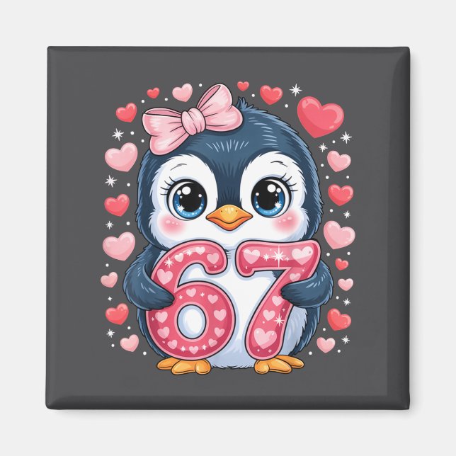 Cute Penguin 67 Six Seven Valentine Hearts 6 7 Mem Magnet (Framsidan)