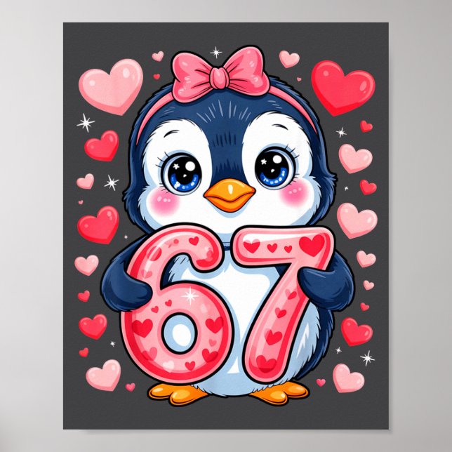Cute Penguin 67 Six Seven Valentine Hearts 6 7 Mem Poster (Framsidan)