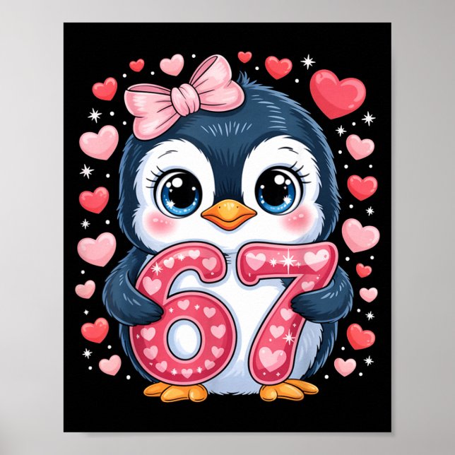 Cute Penguin 67 Six Seven Valentine Hearts 6 7 Mem Poster (Framsidan)