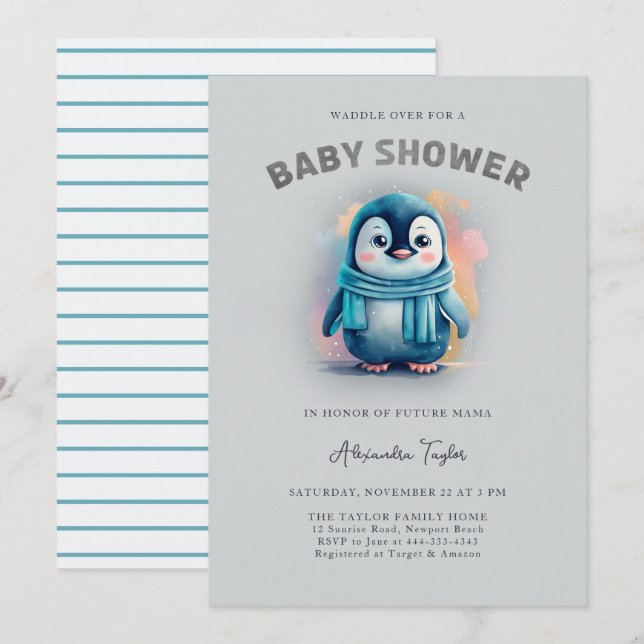 Cute Penguin Adsible Watercolor Boy Shower Inbjudningar (Fram/baksida)