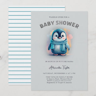 Cute Penguin Adsible Watercolor Boy Shower Inbjudningar