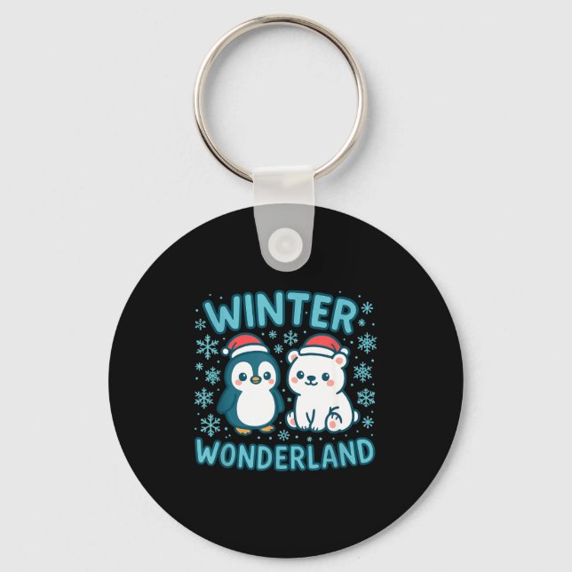 Cute Penguin And Lar Bear Winter Wonderland Christ Nyckelring (Framsida)