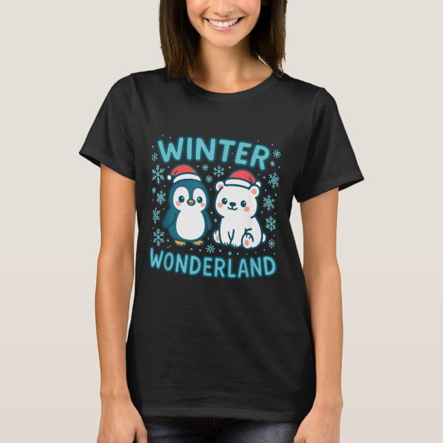 Cute Penguin And Lar Bear Winter Wonderland Christ T Shirt (Framsida)