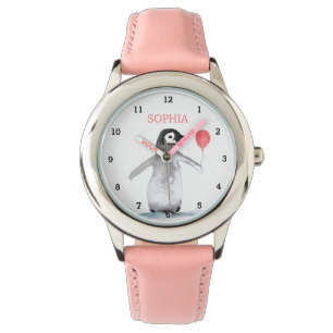Cute Penguin Animal Watercolor Girly Kids Rosa Armbandsur