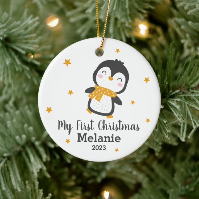 Cute penguin baby, första christmas på vitt keram julgransprydnad keramik (Träd)