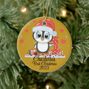 Cute Penguin Baby:s första jul Guld Julgransprydnad Keramik