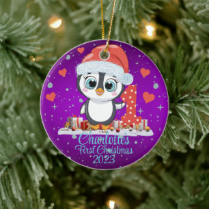 Cute Penguin Baby:s första Lila i jul Julgransprydnad Keramik