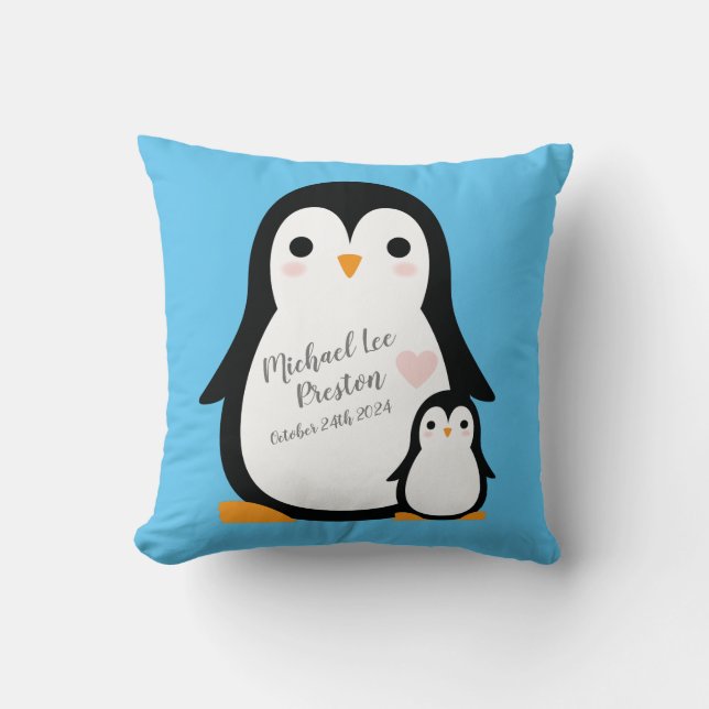 Cute Penguin Baby Shower Blue Boy Kudde (Framsida)